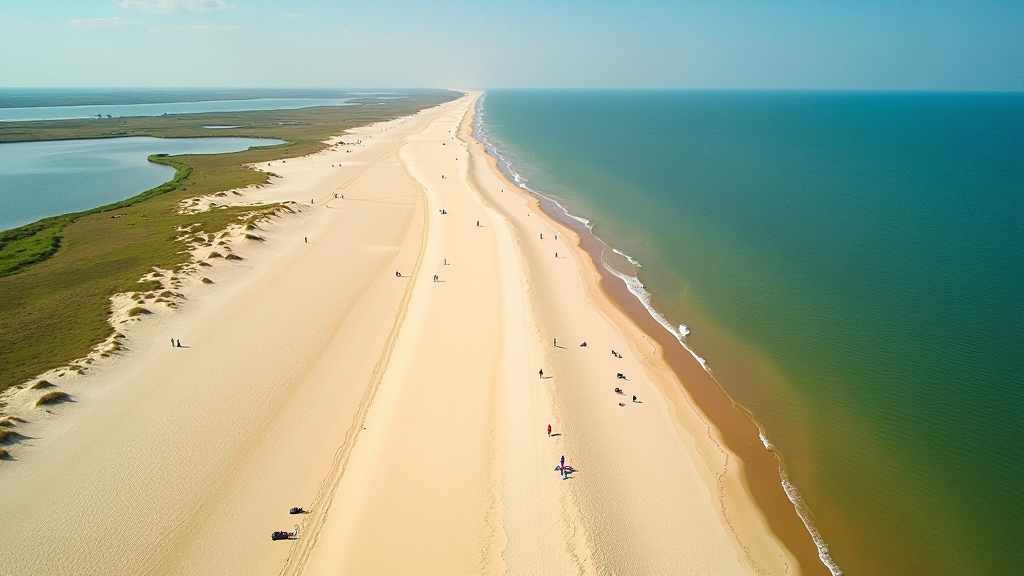 Aerial view of a wide sandy beach with protective sand dunes, scattered groups of people, and blue-green Baltic Sea waters
