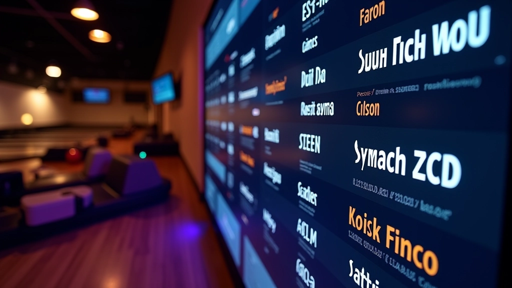 Digital scoreboard displaying bowling scores and names at a modern bowling venue