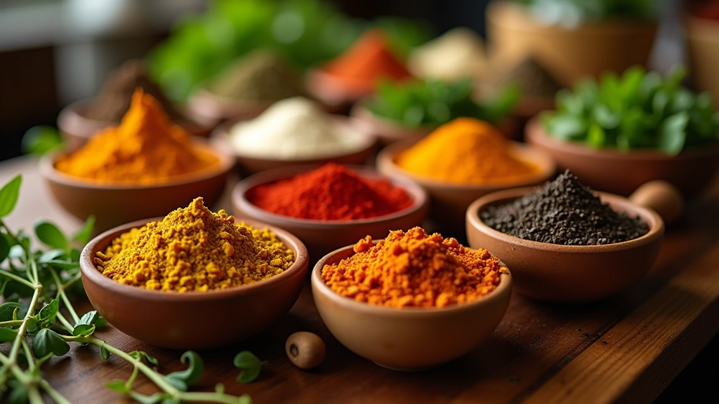 Colorful array of fresh spices in bowls, herbs, and ingredients on a wooden table, warm kitchen lighting, close-up of ingredient variety