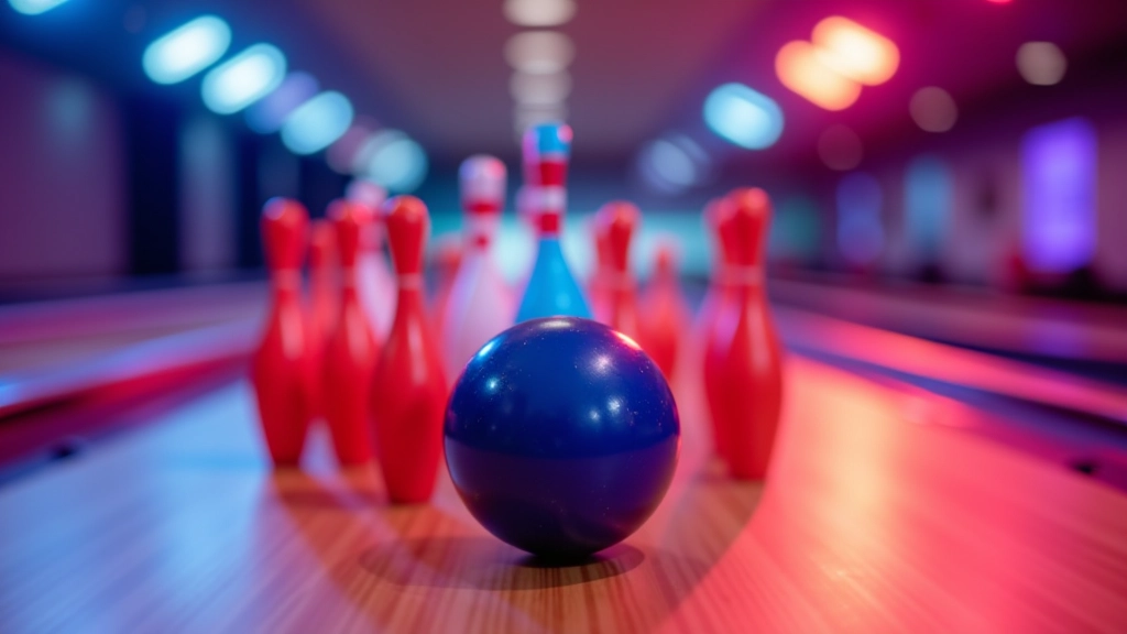 Colorful bowling pins arranged on a wooden lane with bowling balls in foreground and neon lighting