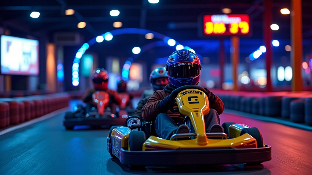 Friends racing in go-karts on an indoor track with scoreboard visible