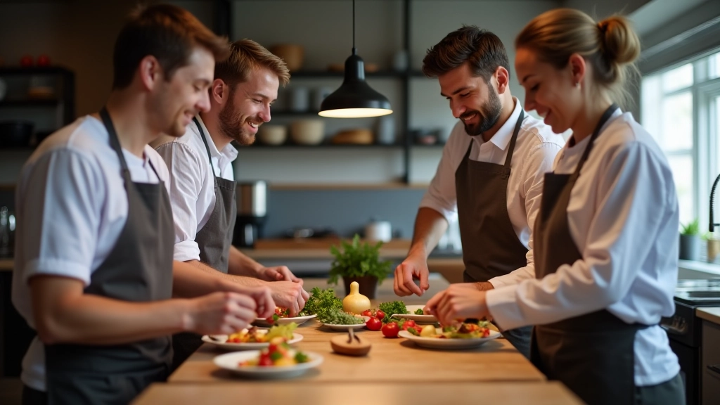 Diverse group of friends learning to cook together in a professional kitchen class setting with a chef instructor