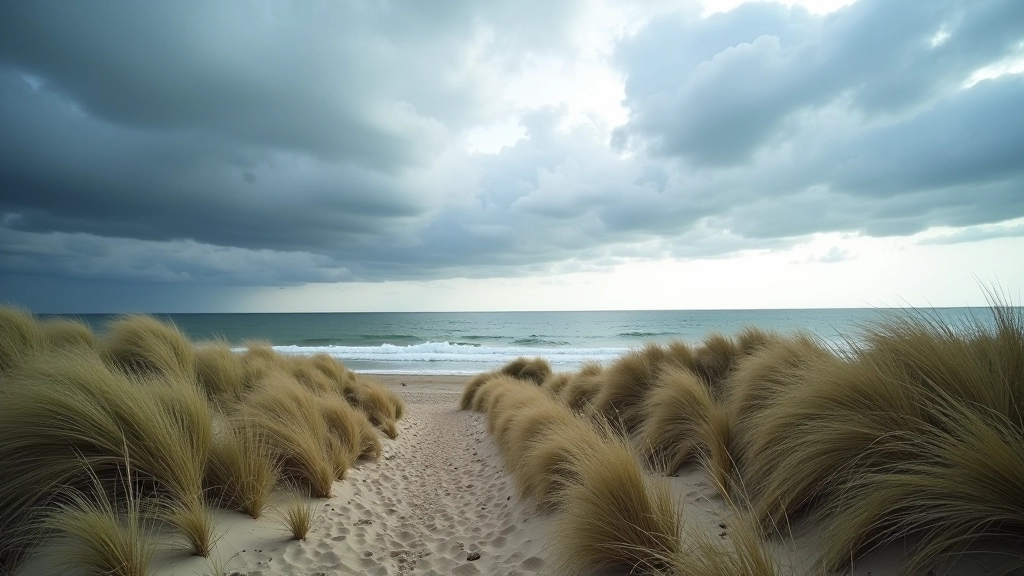 Dramatic cloudy sky over beach with wind-blown dune grass, scattered dark clouds, and whitecaps on the sea