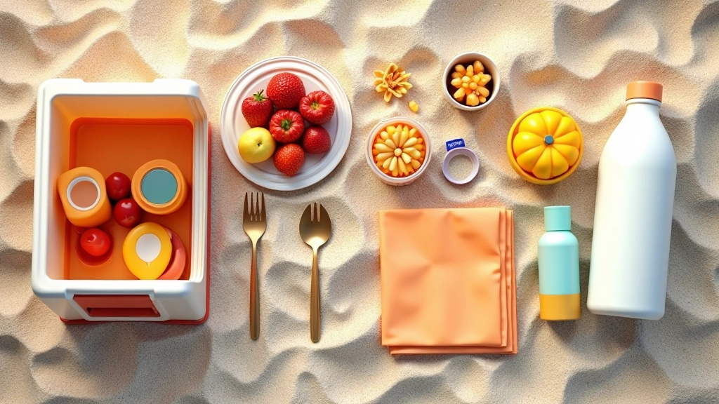 Flat lay of beach picnic essentials including cooler, food containers, utensils, napkins, sunscreen bottle, and reusable water bottles on sand
