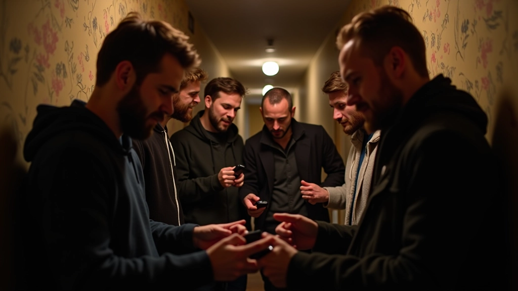 Friends gathered around checking their watch and discussing strategy in themed escape room corridor