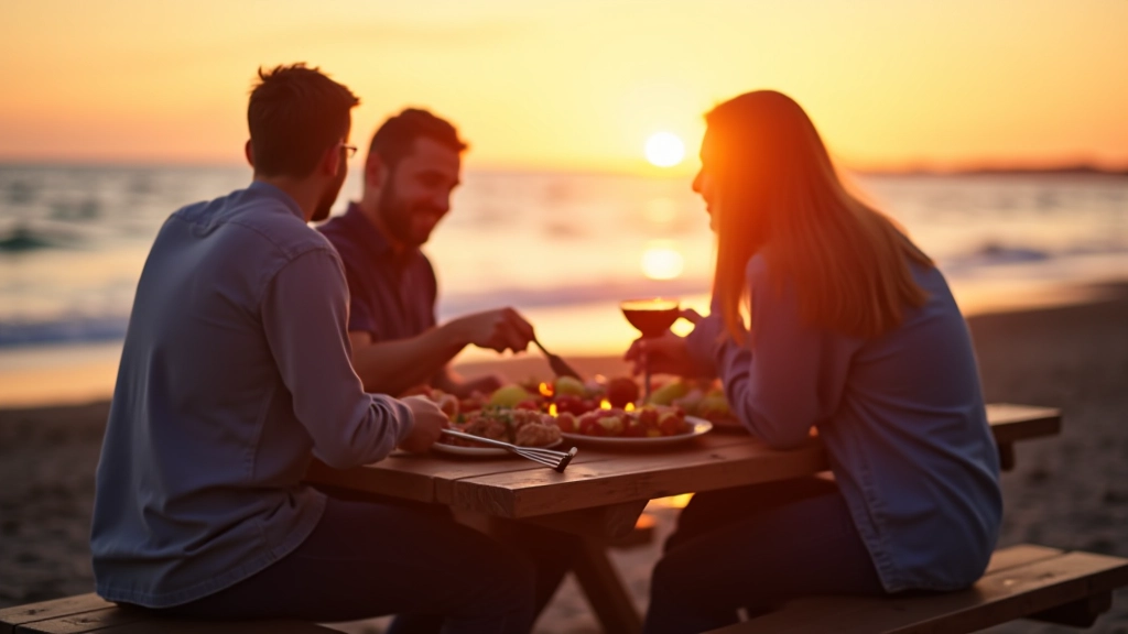 Friends grilling food at a picnic table on a sandy beach with waves visible in the background at sunset