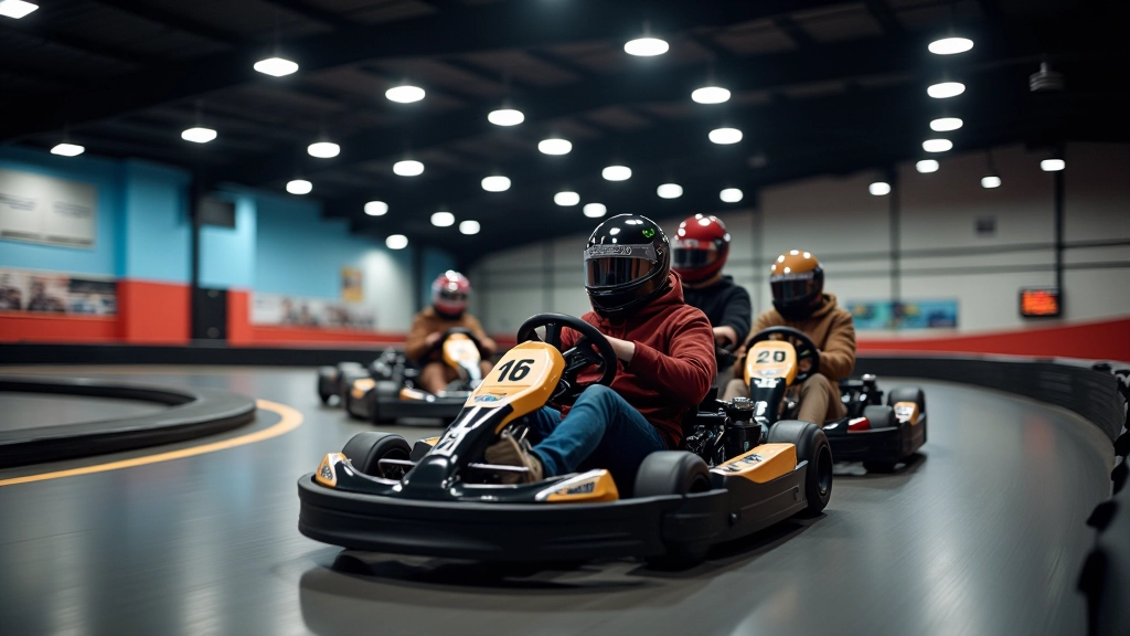 Friends racing go-karts on indoor track with competitive excitement and bright track lighting