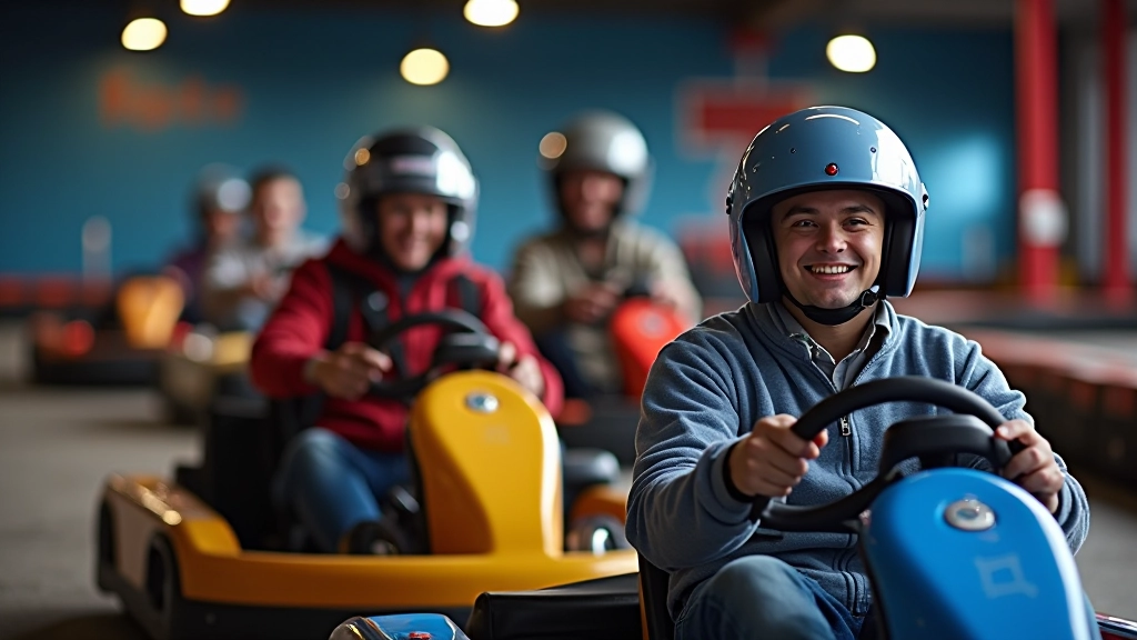 Friends racing in colorful go-karts on an indoor track, laughing and competing, indoor track lighting