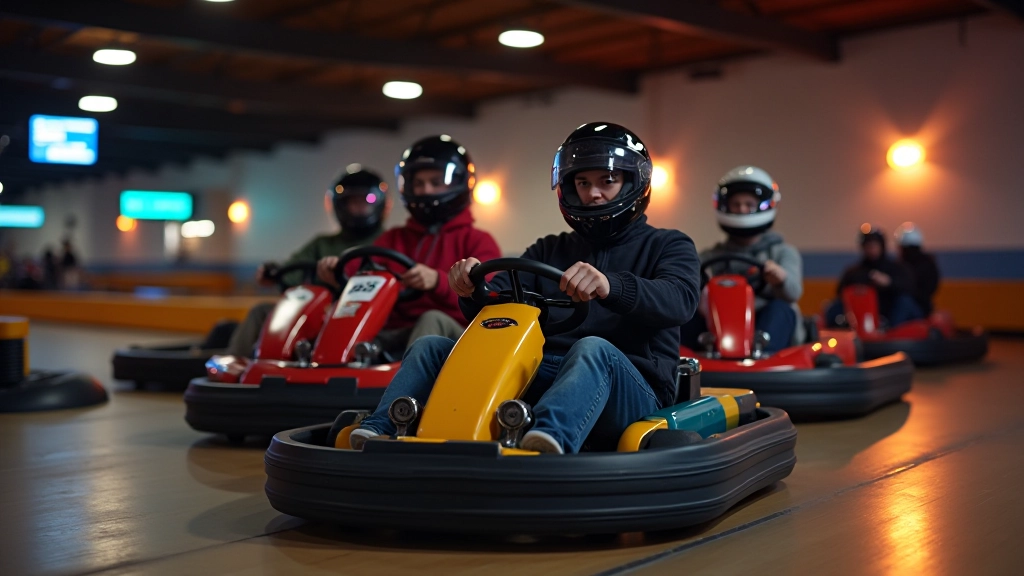 Friends racing in go-karts and bowling together during an evening group activity in Latvia