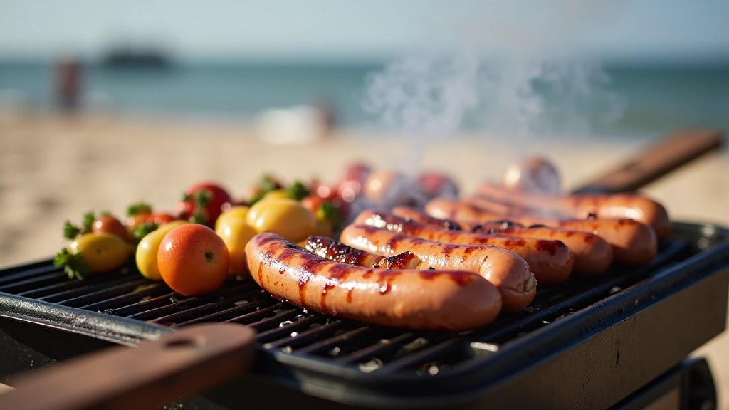 Grilled sausages, chicken, and vegetables on a portable beach barbecue grill with charcoal smoke rising