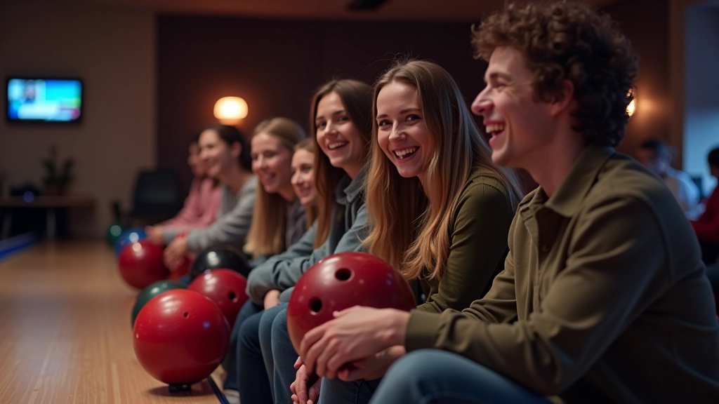 Mixed group of friends in casual clothing at a bowling alley, some bowling while others watch and cheer from the seating area