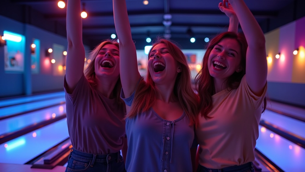 Group of friends laughing and cheering while playing bowling in a modern bowling alley with neon lighting