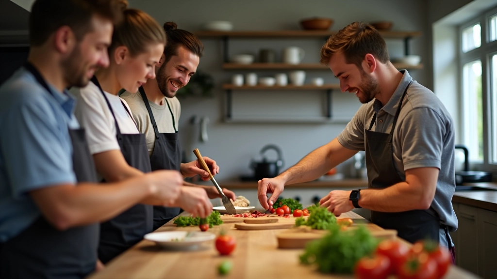 Group of friends cooking together in a professional kitchen class, smiling while preparing fresh ingredients at a shared cooking station