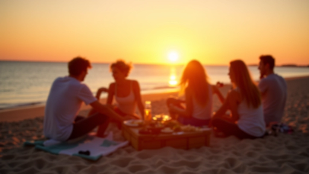 Group of friends enjoying a beach picnic at sunset, food and drinks on the sand, coastal Latvian scenery, golden hour lighting