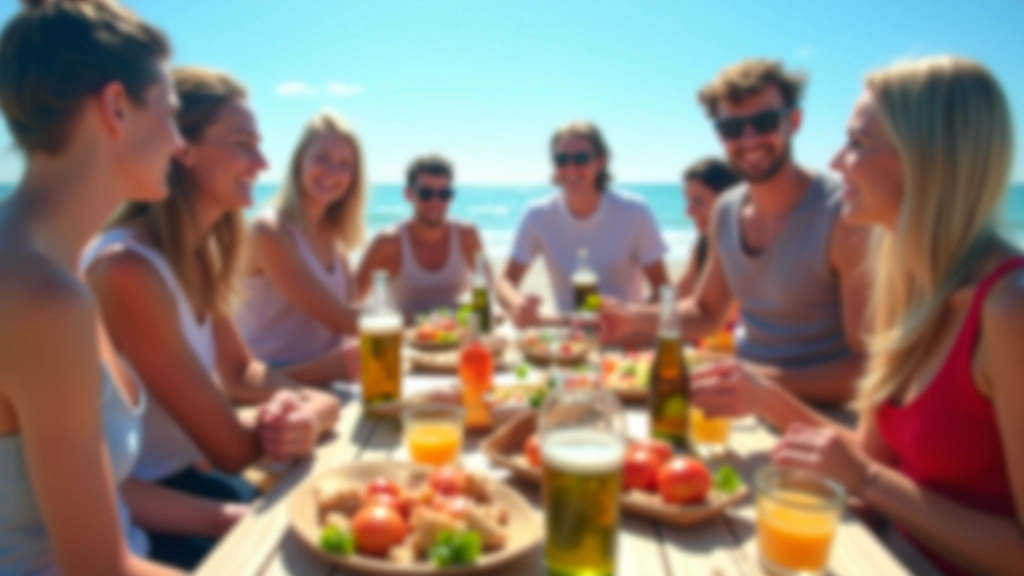 Group of friends enjoying a seaside picnic with grilled food and drinks at a beach near Liepāja, sunny day with blue sky