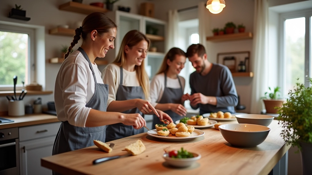 Friends preparing traditional Latvian dishes together in a bright kitchen studio