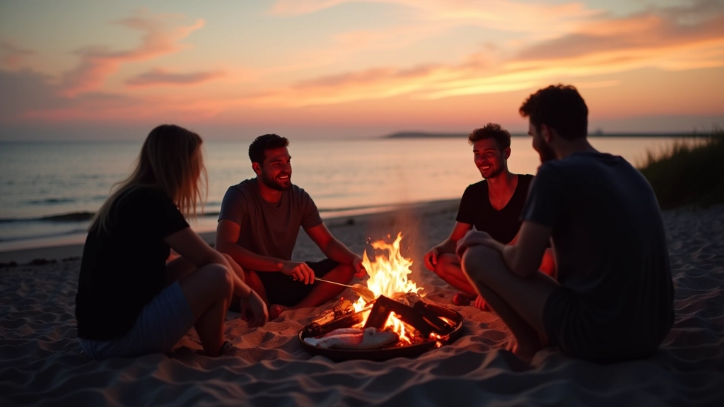 Friends gathered around a seaside bonfire with grilled food and Baltic Sea backdrop