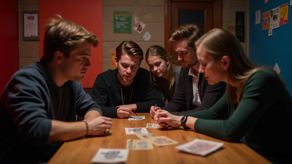 Group of friends solving puzzles in an escape room in Rīga, focused expressions, colorful room with clues and props