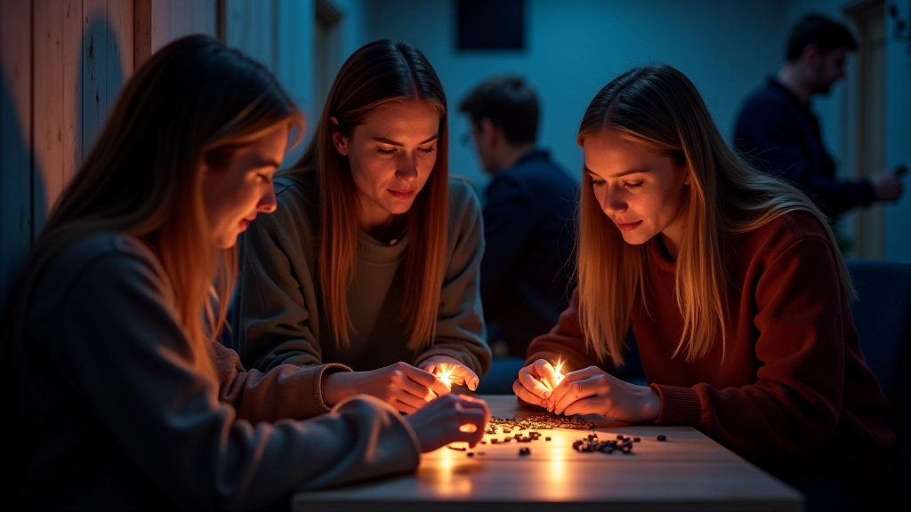 Group of friends working together to solve an escape room puzzle with glowing locks and mysterious props