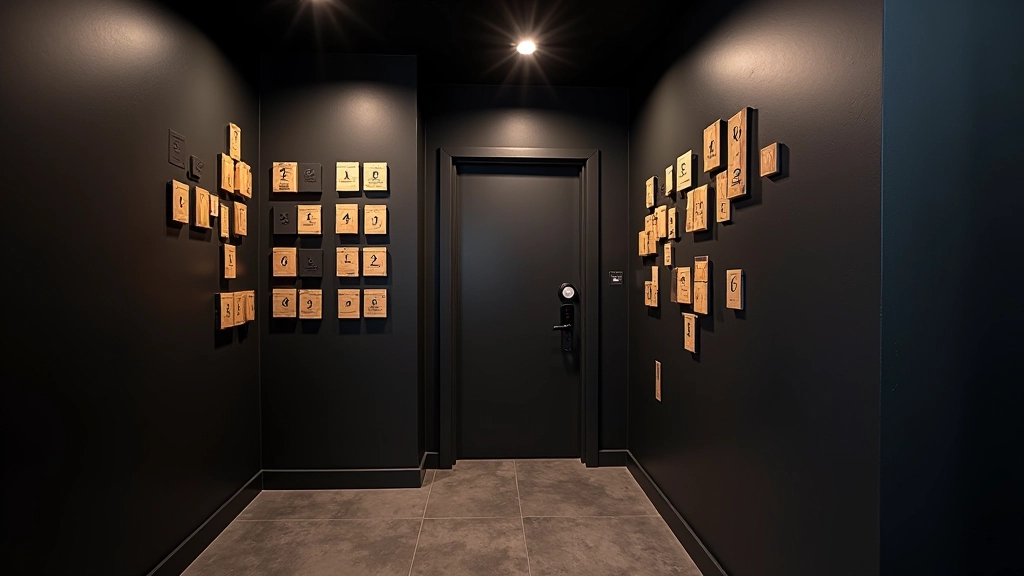 Modern escape room interior with puzzle elements, locked door, and atmospheric lighting