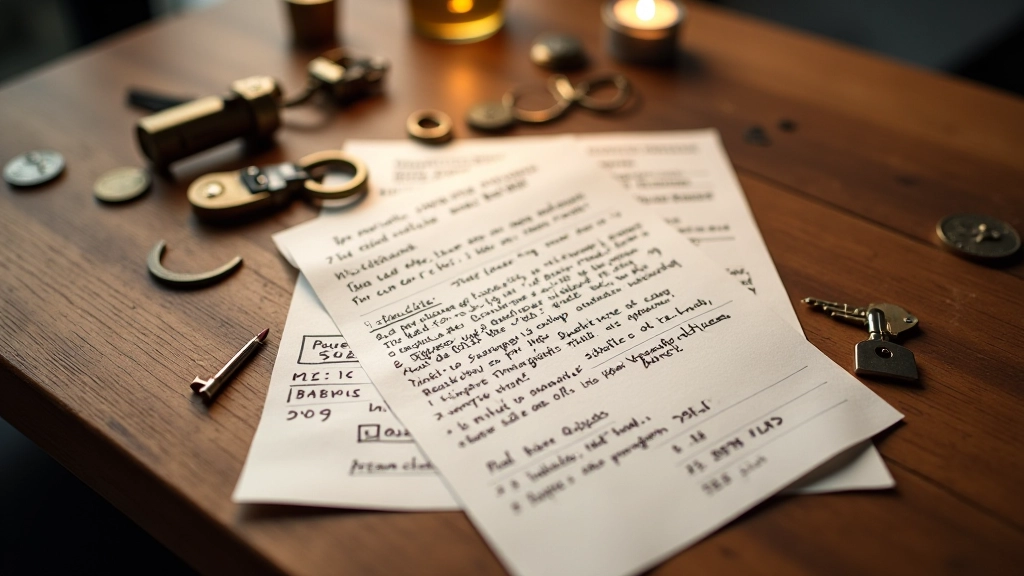 Overhead view of escape room puzzle with lock, key, and handwritten notes scattered on wooden table