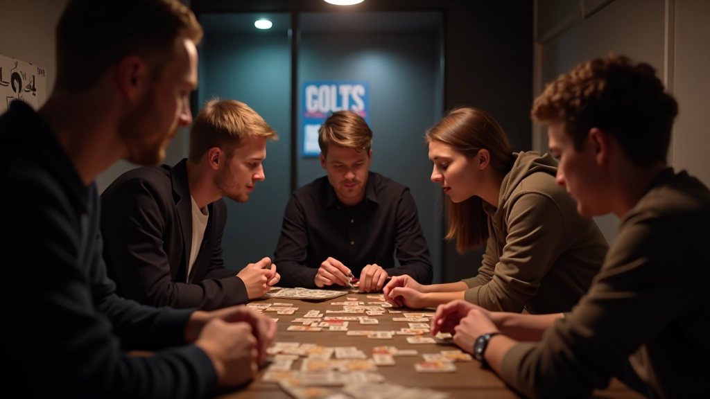 People inside an escape room solving puzzles, teamwork in action, modern themed room setup