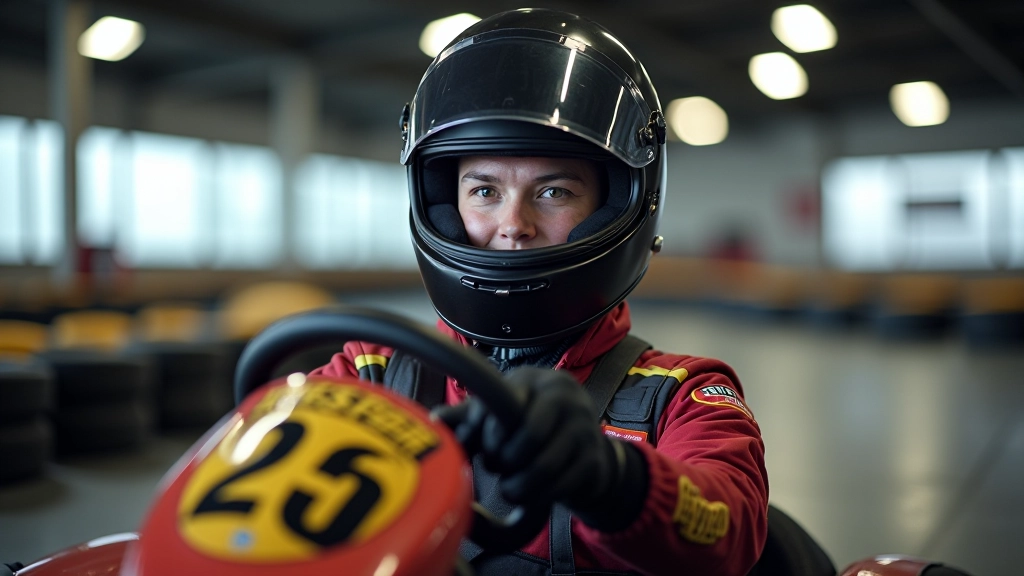 Person in racing helmet sitting in red go-kart on indoor track with safety barriers visible, professional track lighting