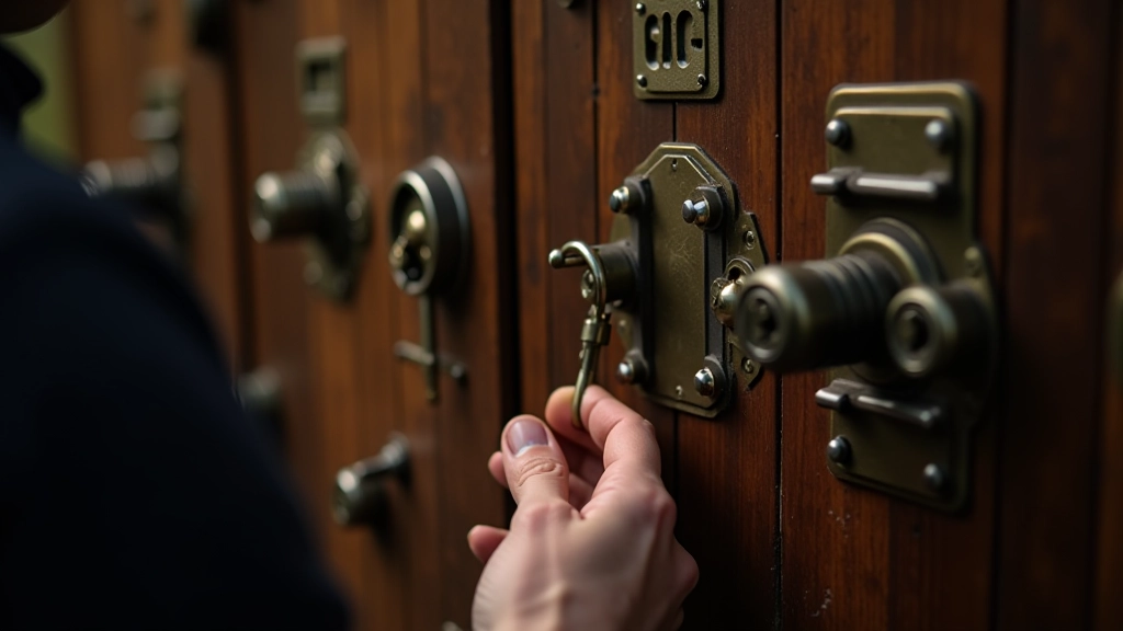 Person examining puzzle box with various mechanical locks and symbols during escape room challenge