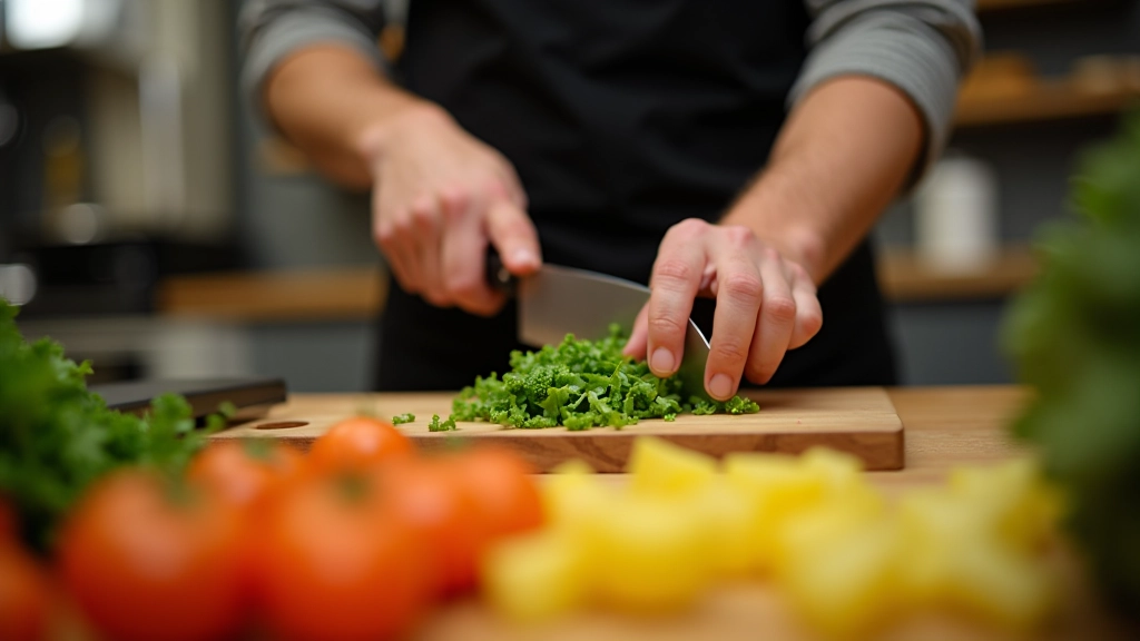 Person's hands actively chopping vegetables at a cooking station, knife work in motion, professional kitchen setup with proper lighting