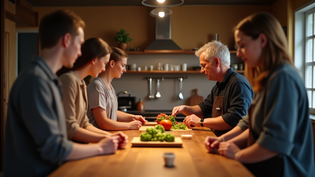 Small group of six people around a wooden cooking counter with fresh ingredients, instructor pointing to a technique, natural kitchen lighting