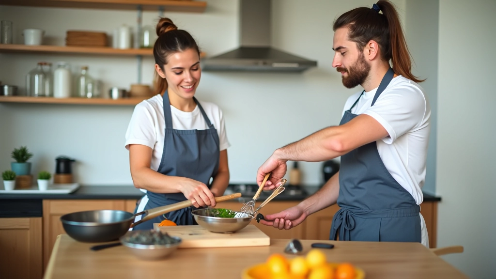Group of people in a bright professional kitchen following cooking instructions from an instructor
