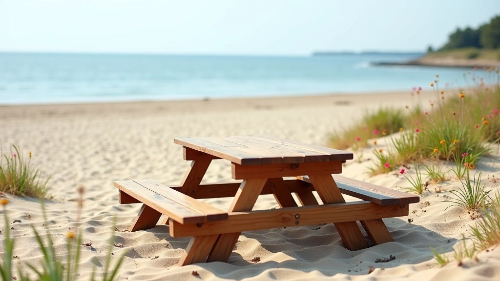Wooden picnic table on a sandy beach with scattered wildflowers, driftwood, and calm Baltic Sea in background